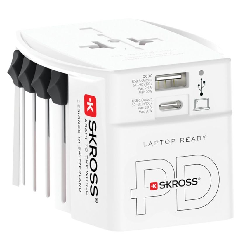 Skross MUV USB világ utazóadapter USB-C + USB-A (30W PD, gyorstöltés, fehér) termék fő termékképe